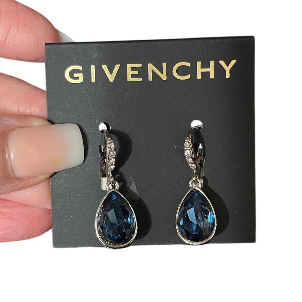 Signed Givenchy Blue Teardrop Crystal Silver Tone Lever-Back Earrings - Picture 2 of 5